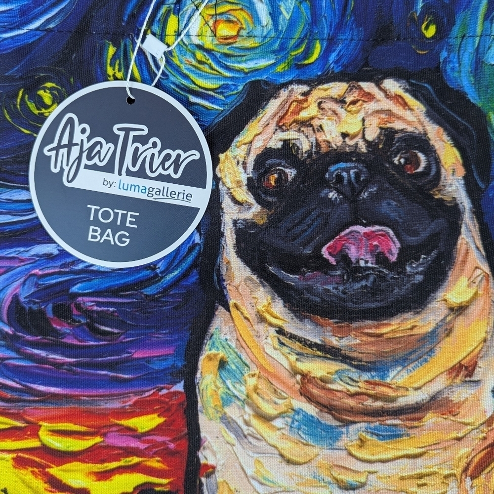 Tote Bag Fawn Pug Night By Aja Trier Poly Poplin Multicolor NWT - Picture 9 of 9